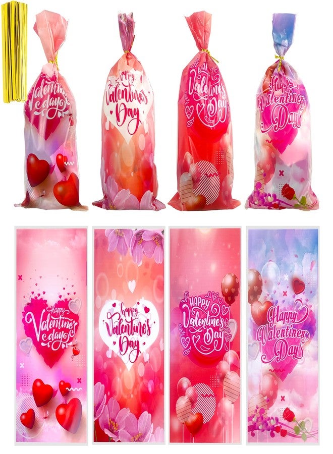 SHBLOMK 100 Pack Valentine Cellophane Treat Bags, Goodie Candy Bags, Red Heart Cello Gift Bags with 100pcs Twist Ties for Valentines, Wedding, Party Supplies - Image 1